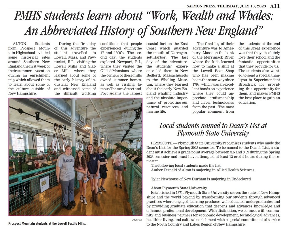Baysider newspaper article about Prosepct Mountain High School trip to Southern New England